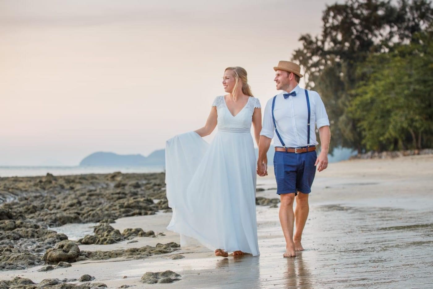 Wedding Couple Walking on Beach